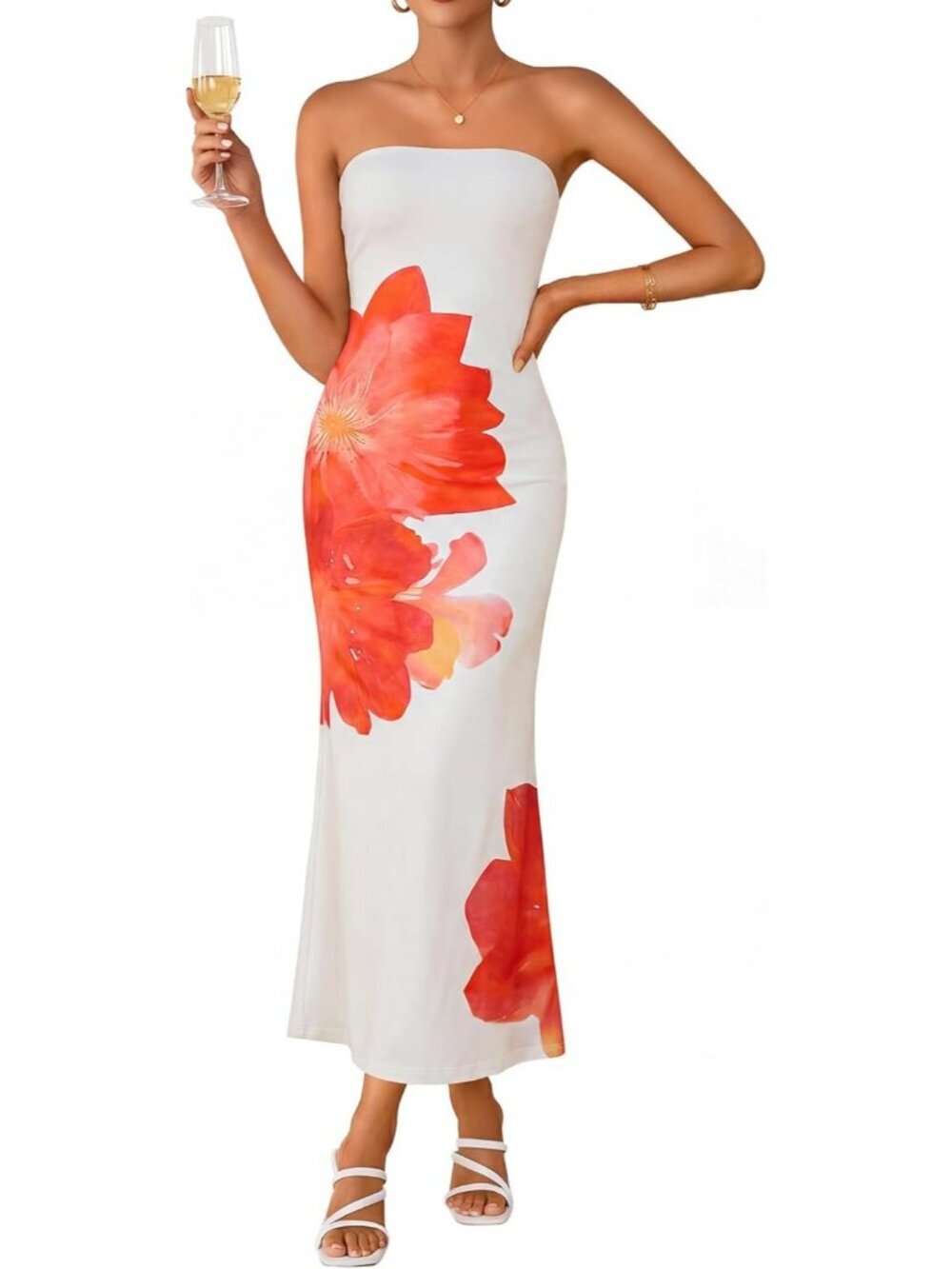Women's White Summer Formal Off Shoulder Strapless Floral Bodycon Maxi Dress
